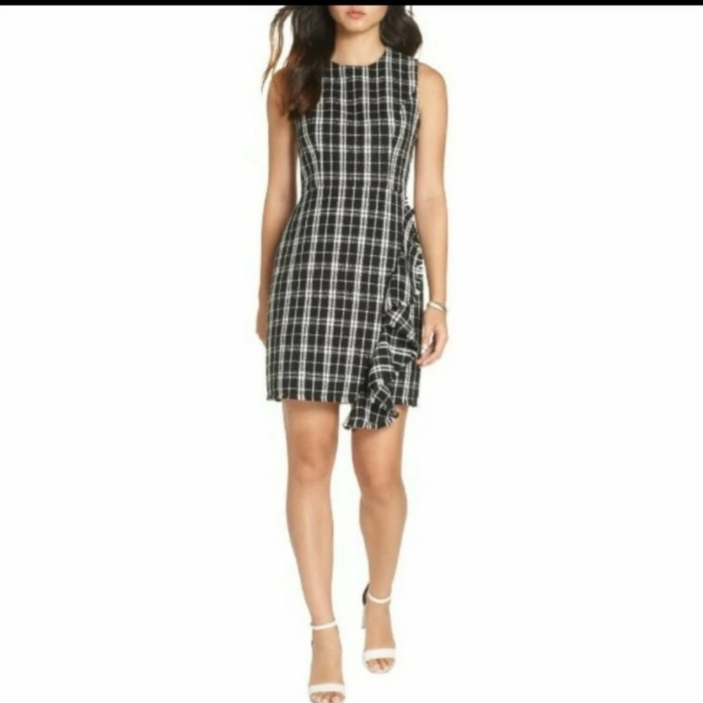 1901 Black & White Plaid Tweed Cascading Ruffle Sheath Raw‎ Hem Dress NWT 10P